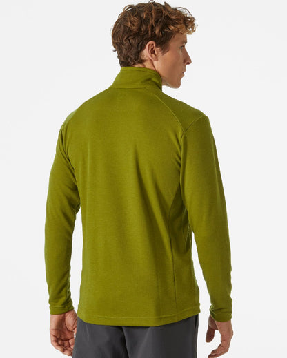 Olive Green coloured Helly Hansen Mens HP Half Zip Pullover Shirt on white background 