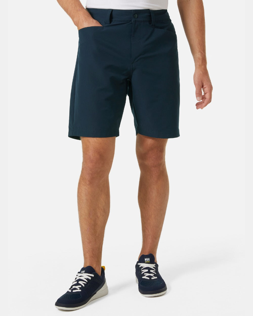 Navy coloured Helly Hansen Mens HP Quick Dry 10 inch Club Shorts 2.0 on grey background 