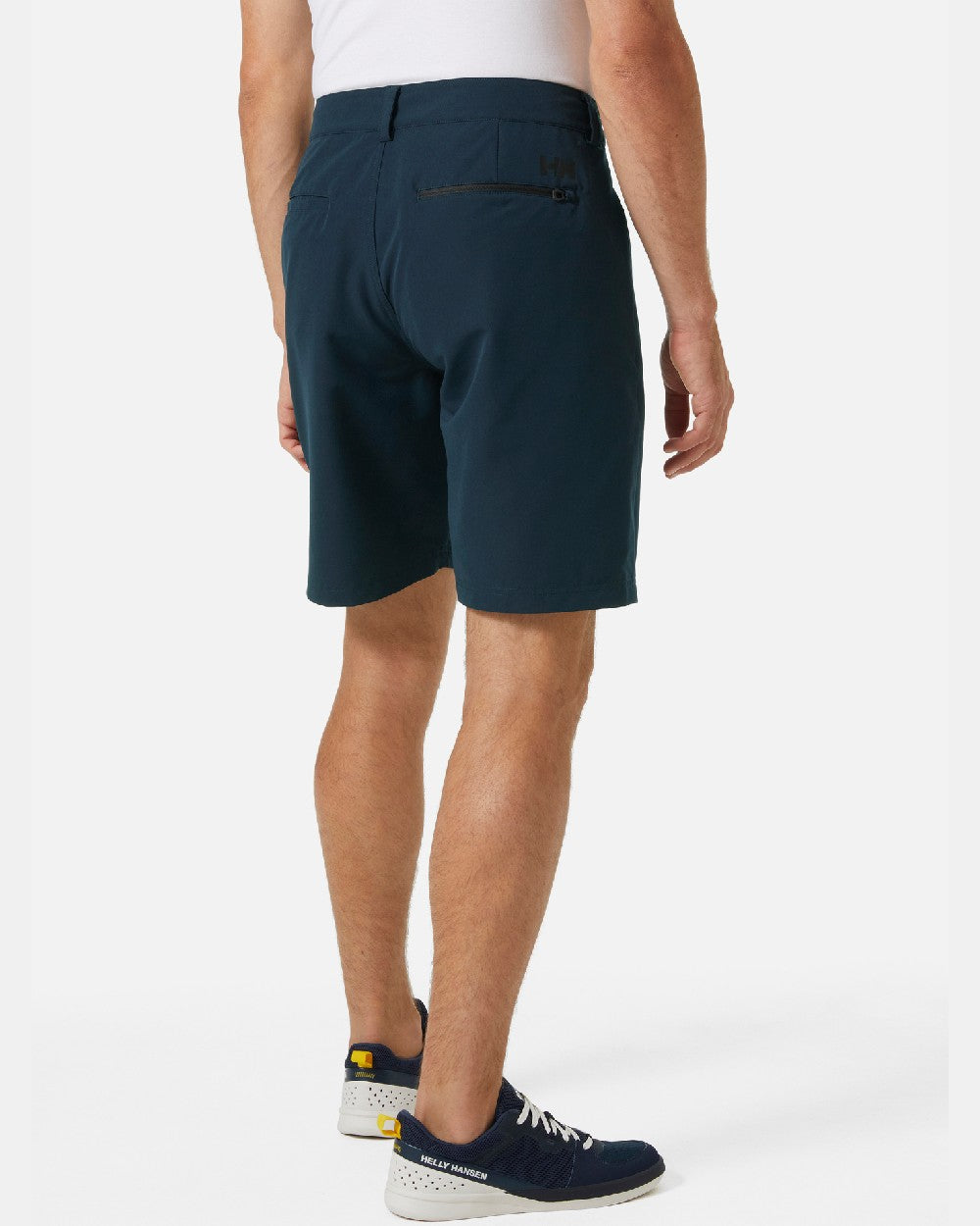 Navy coloured Helly Hansen Mens HP Quick Dry 10 inch Club Shorts 2.0 on grey background 