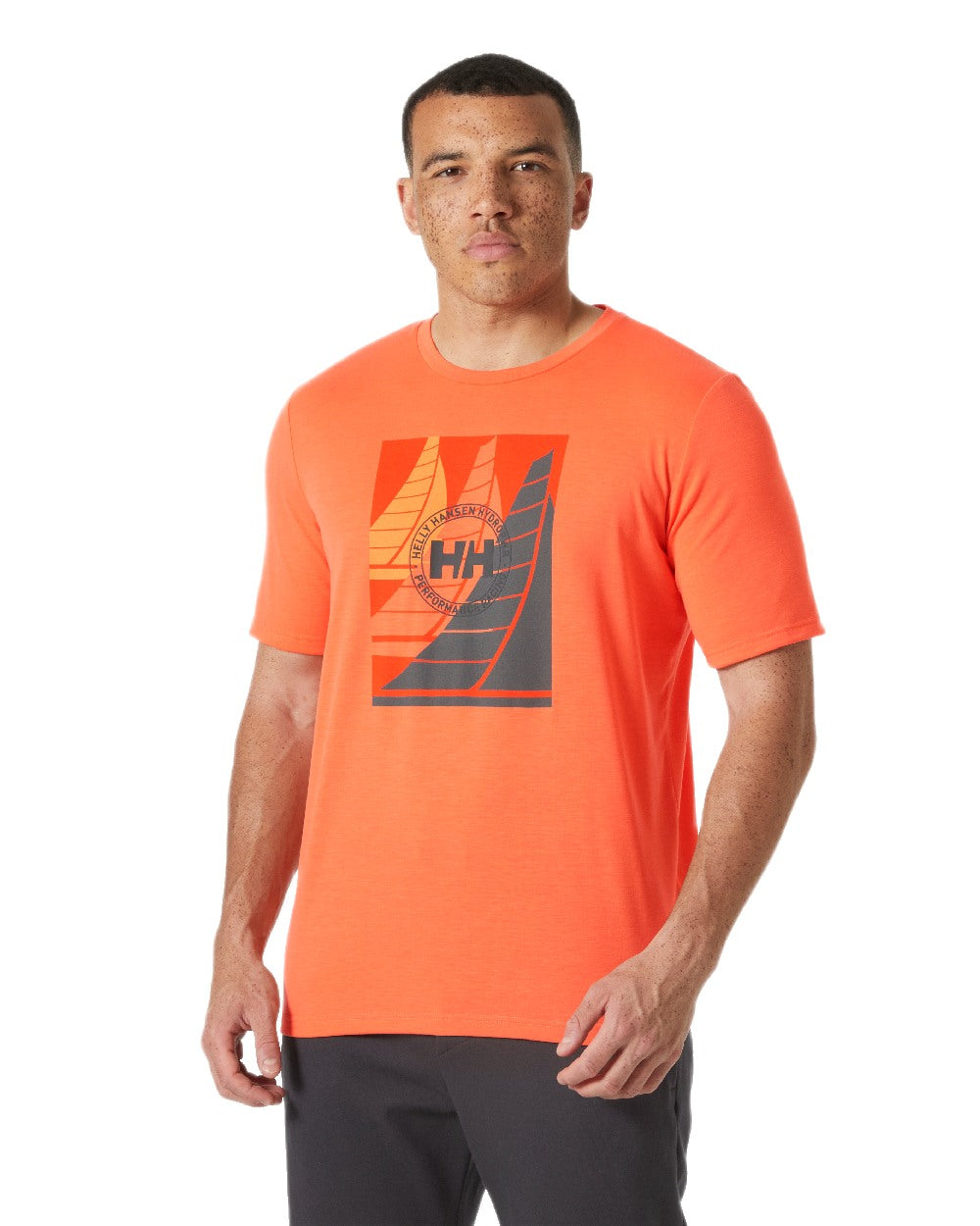 Bonfire Coloured Helly Hansen Mens HP Race Sailing Graphic T-Shirt on White Background
