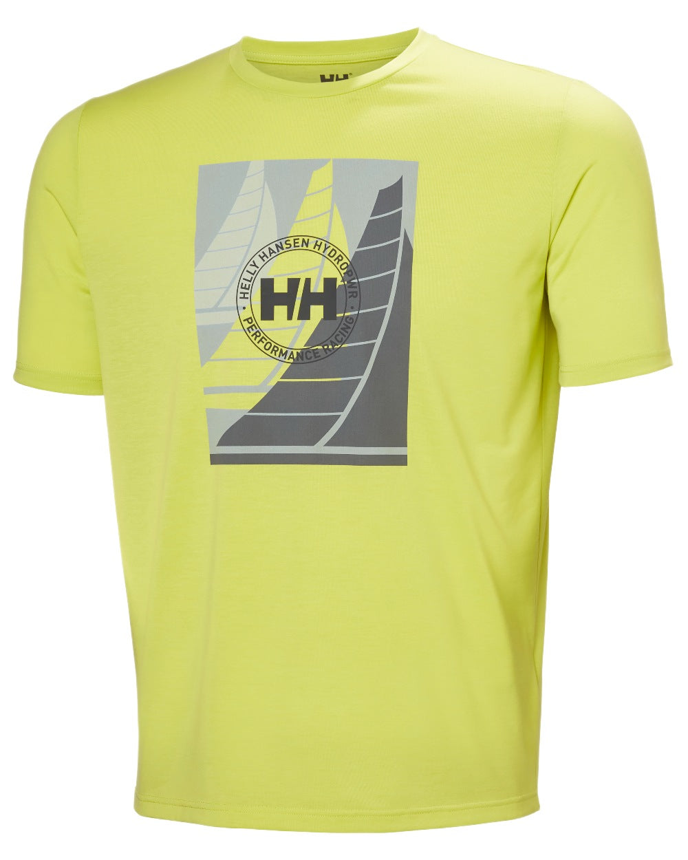 Cyber Llime Coloured Helly Hansen Mens HP Race Sailing Graphic T-Shirt on White Background
