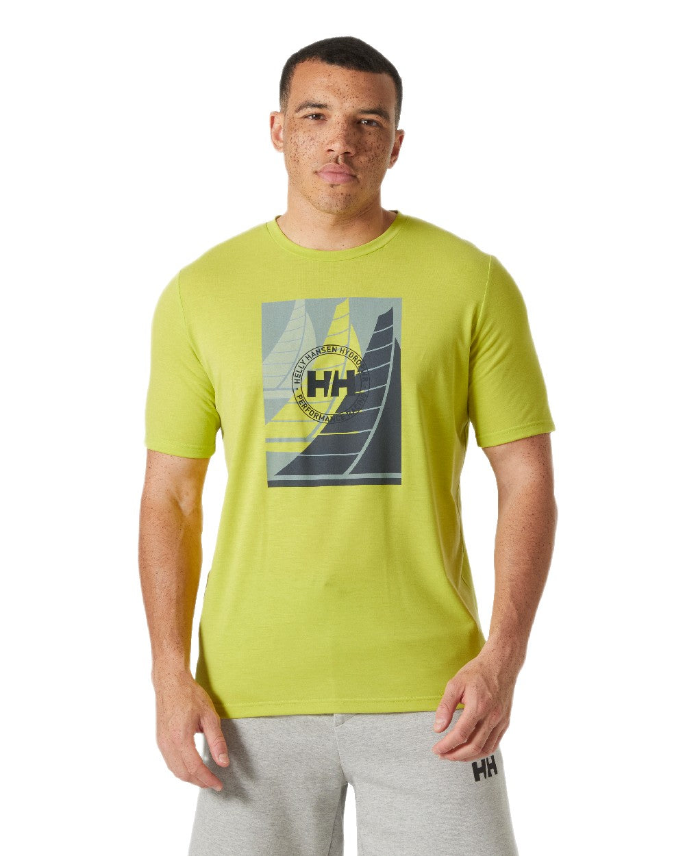 Cyber Llime Coloured Helly Hansen Mens HP Race Sailing Graphic T-Shirt on White Background
