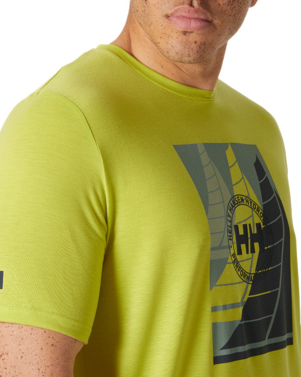 Cyber Llime Coloured Helly Hansen Mens HP Race Sailing Graphic T-Shirt on White Background
