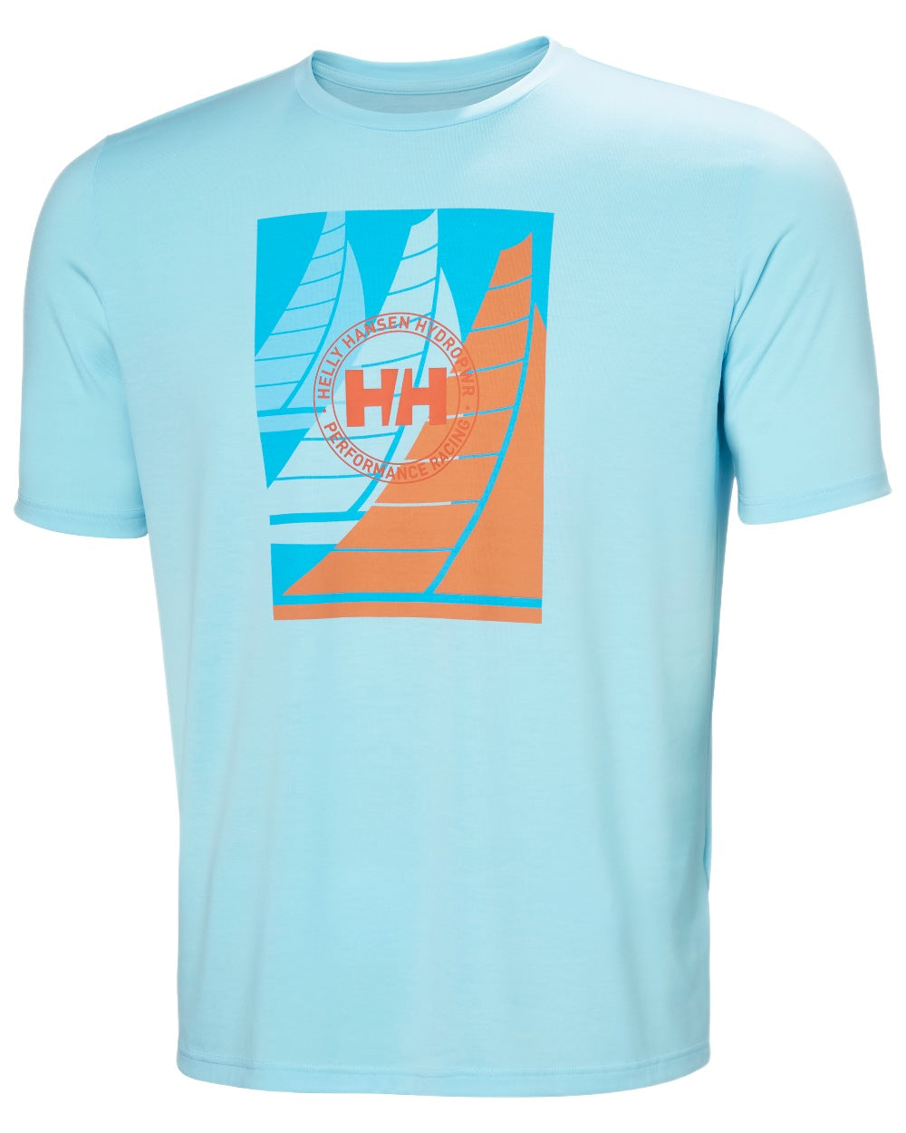 Light Cyan Coloured Helly Hansen Mens HP Race Sailing Graphic T-Shirt on White Background
