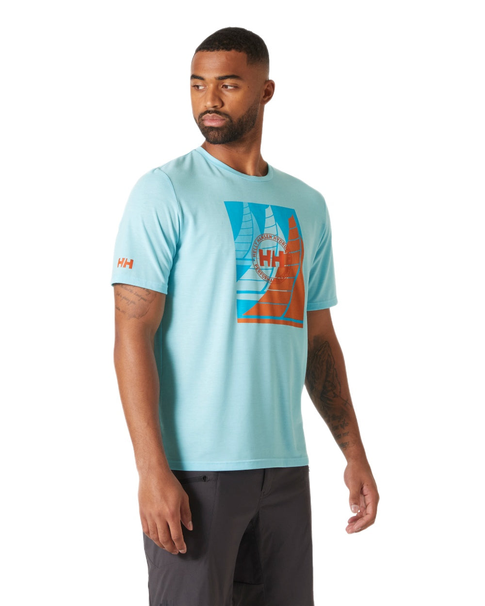 Light Cyan Coloured Helly Hansen Mens HP Race Sailing Graphic T-Shirt on White Background
