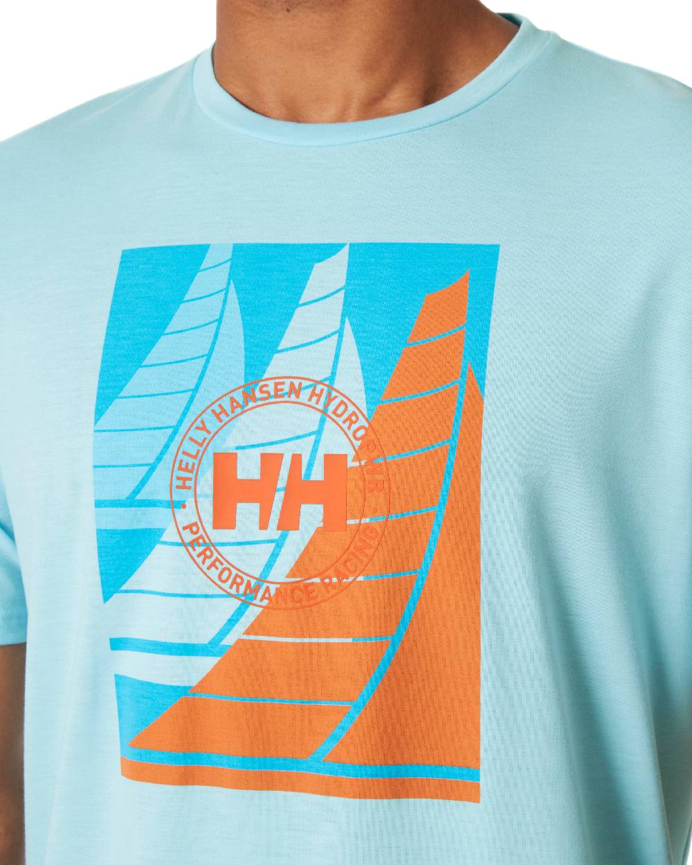 Light Cyan Coloured Helly Hansen Mens HP Race Sailing Graphic T-Shirt on White Background
