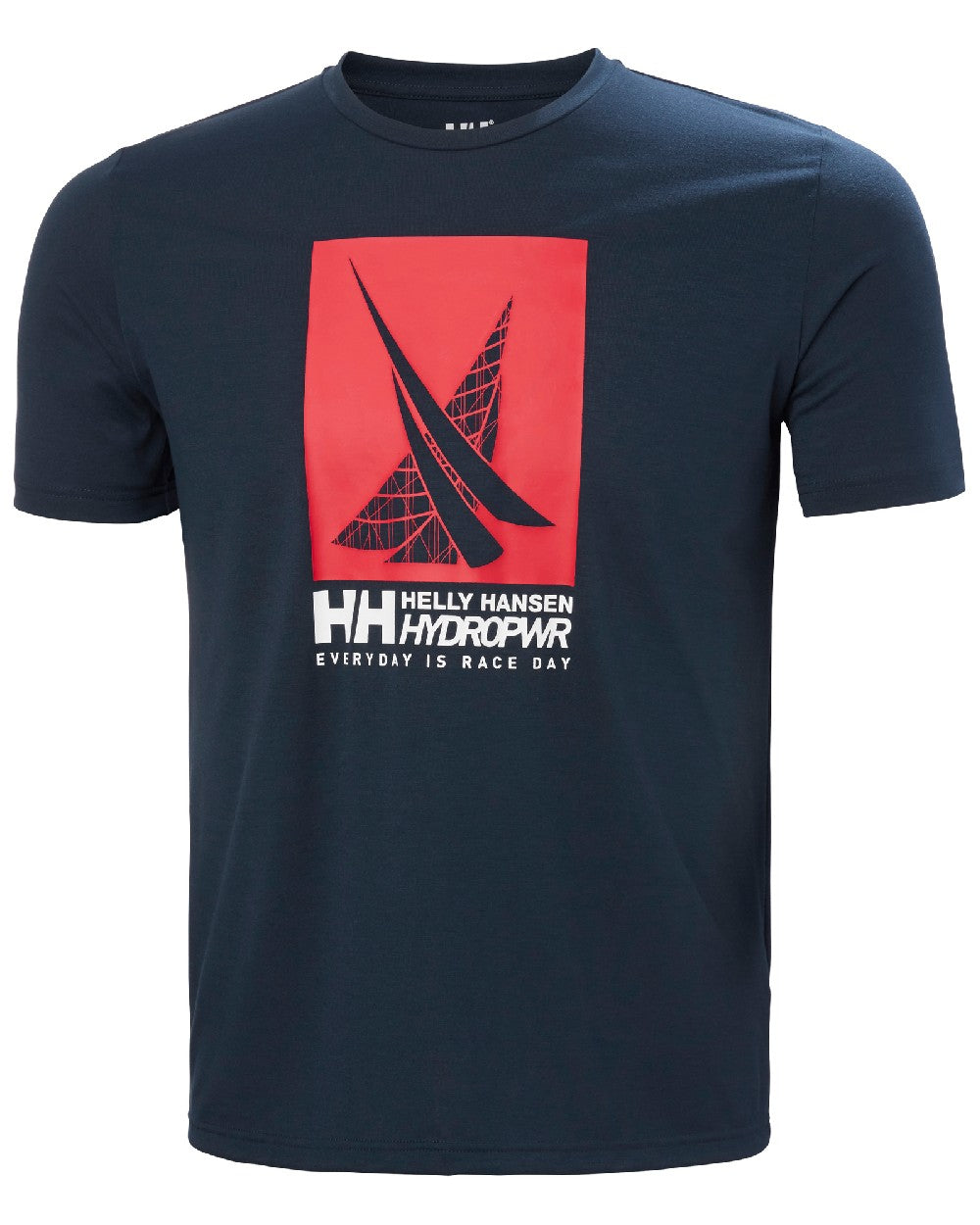 Navy coloured Helly Hansen Mens HP Race Sailing Graphic T-shirt on white background 