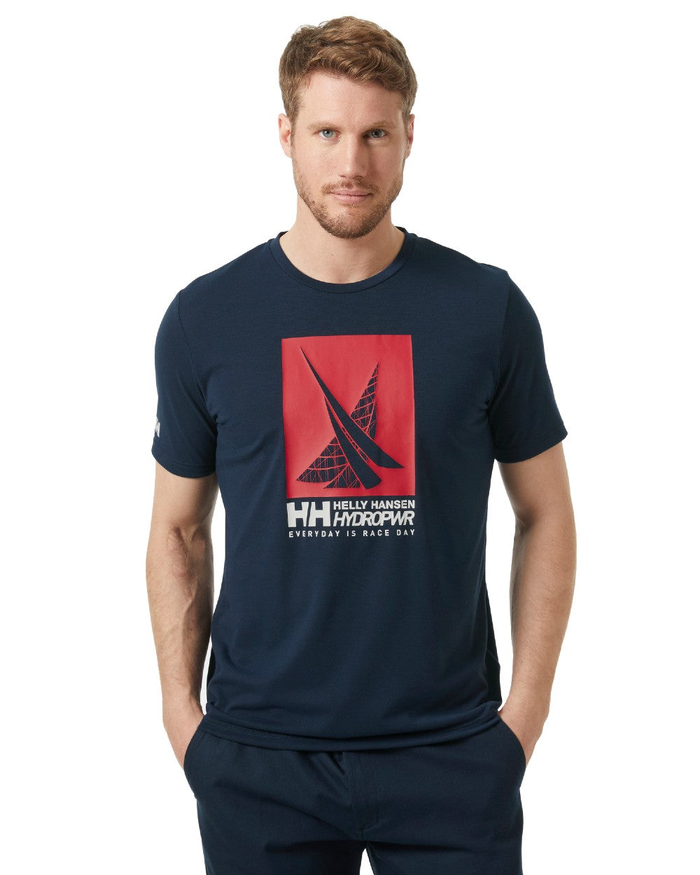 Navy coloured Helly Hansen Mens HP Race Sailing Graphic T-shirt on white background 