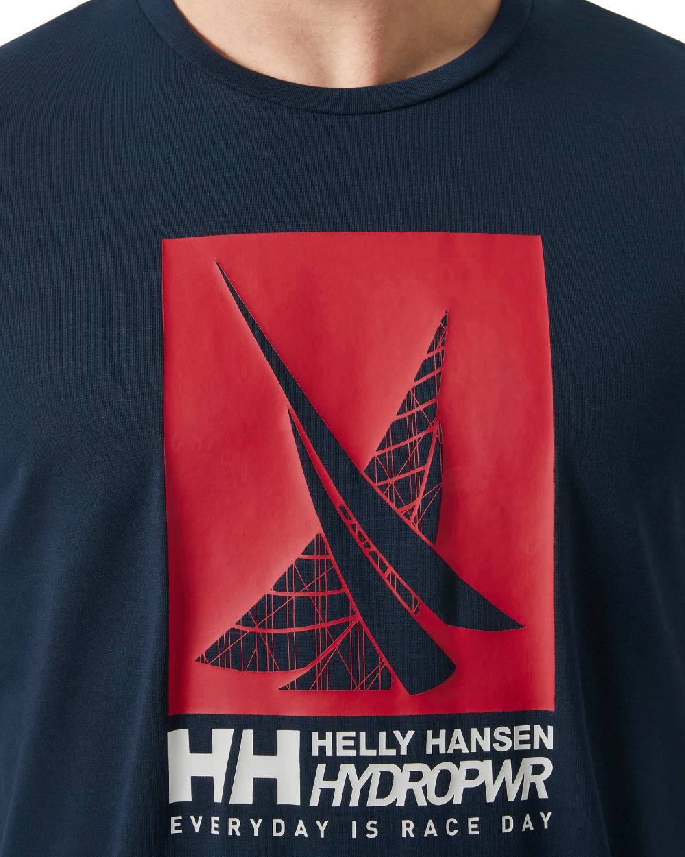 Navy coloured Helly Hansen Mens HP Race Sailing Graphic T-shirt on white background 