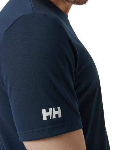 Navy coloured Helly Hansen Mens HP Race Sailing Graphic T-shirt on white background 