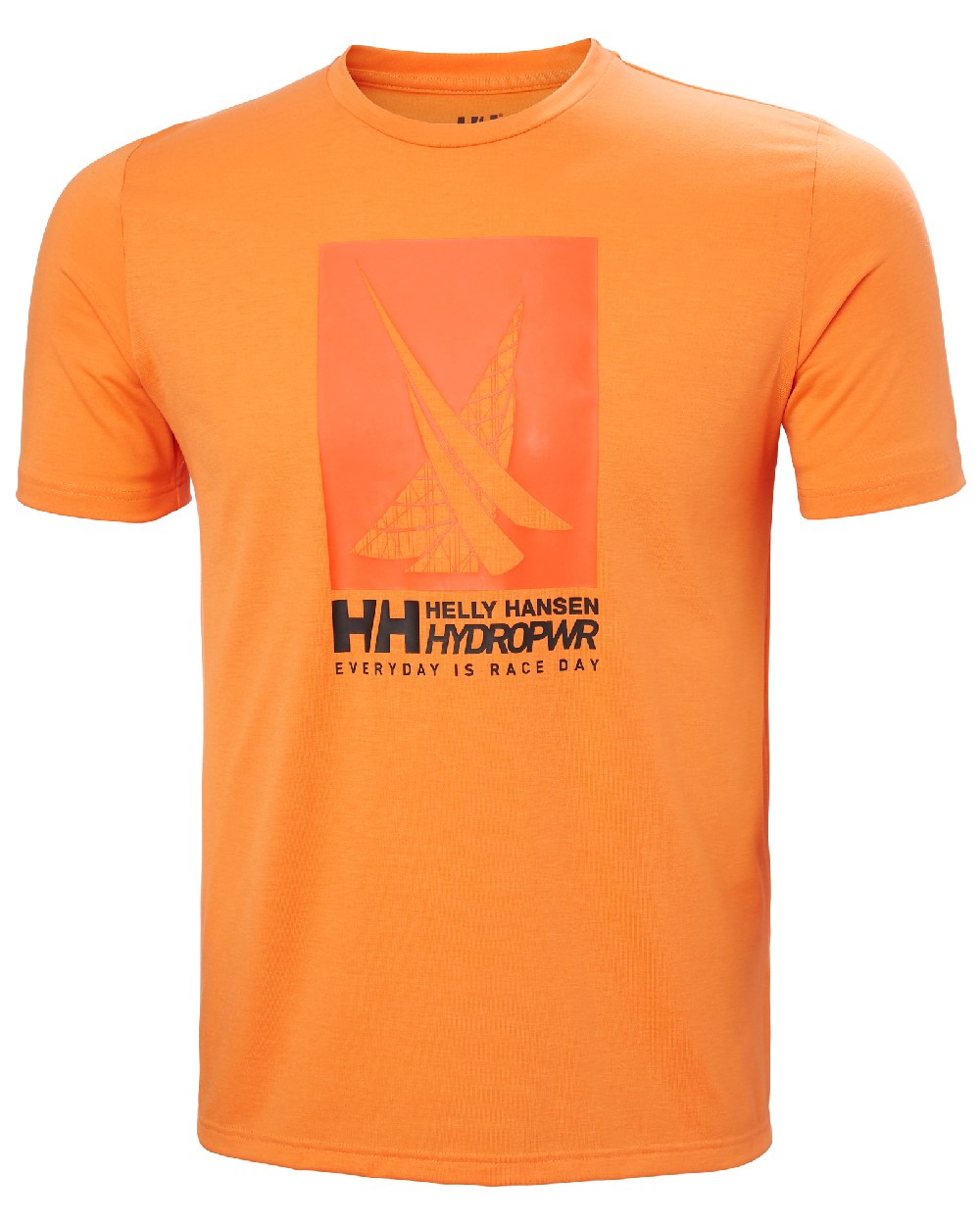 Poppy Orange coloured Helly Hansen Mens HP Race Sailing Graphic T-shirt on white background 