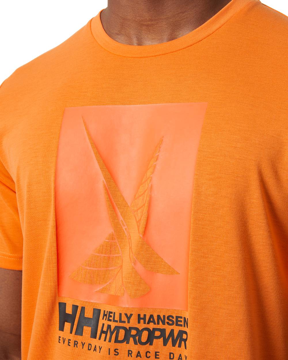 Poppy Orange coloured Helly Hansen Mens HP Race Sailing Graphic T-shirt on white background 