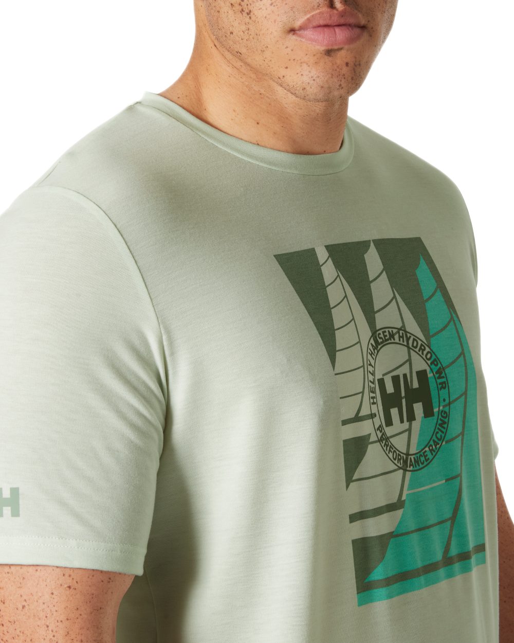 Seafoam Coloured Helly Hansen Mens HP Race Sailing Graphic T-Shirt on White Background
