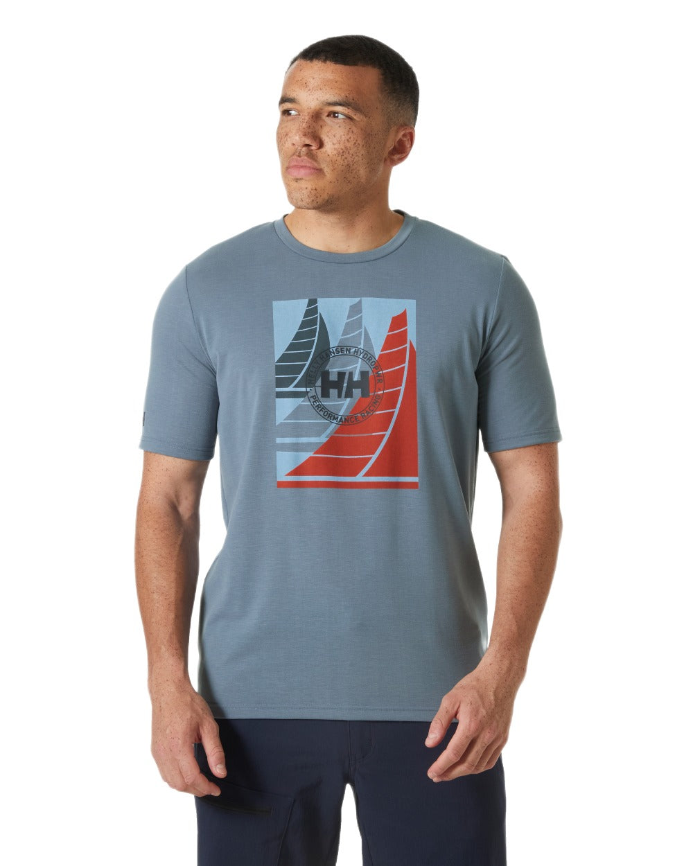 Washed Navy Coloured Helly Hansen Mens HP Race Sailing Graphic T-Shirt on White Background
