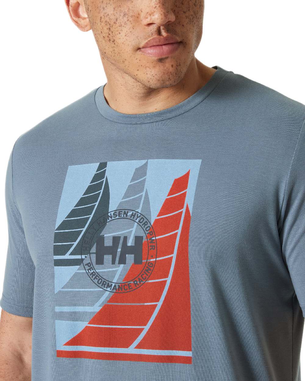 Washed Navy Coloured Helly Hansen Mens HP Race Sailing Graphic T-Shirt on White Background
