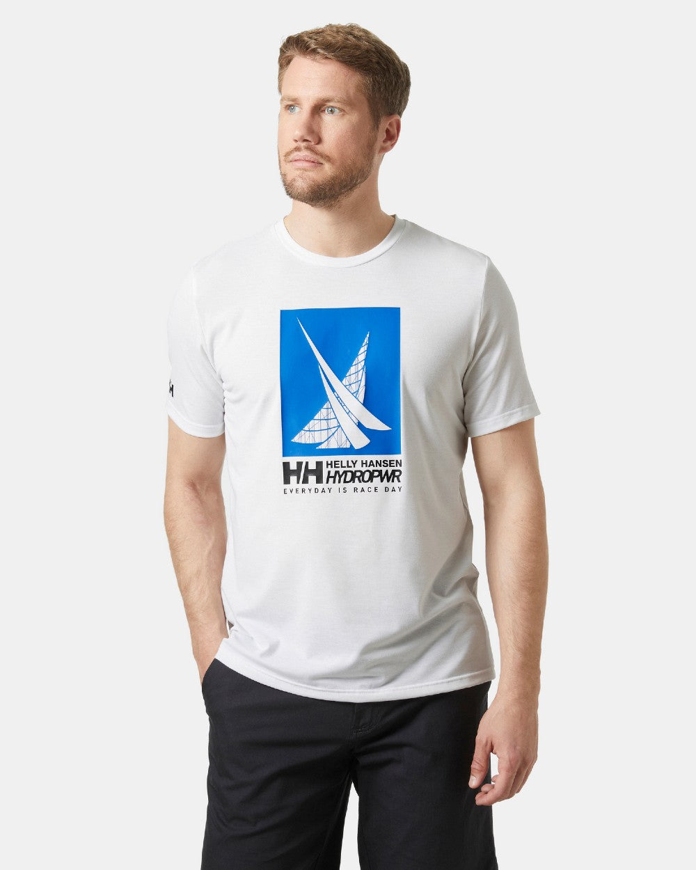 White coloured Helly Hansen Mens HP Race Sailing Graphic T-shirt on grey background 