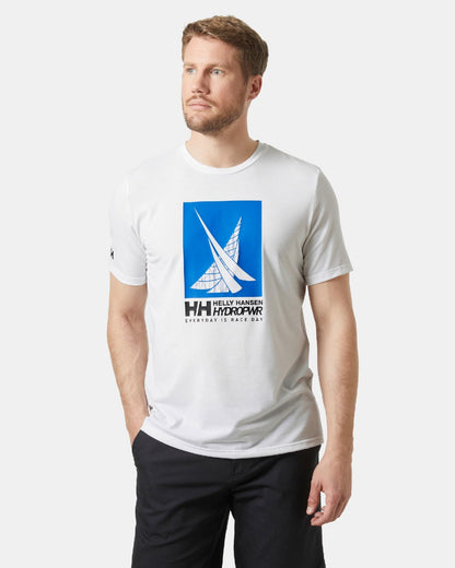 White coloured Helly Hansen Mens HP Race Sailing Graphic T-shirt on grey background 
