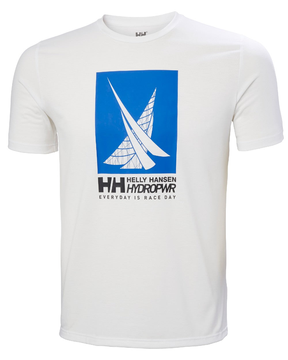 White coloured Helly Hansen Mens HP Race Sailing Graphic T-shirt on white background 