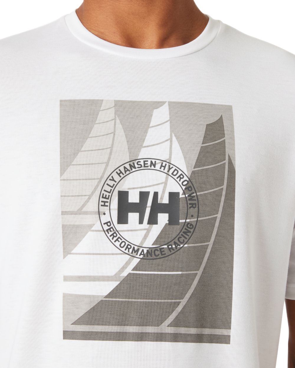 White Coloured Helly Hansen Mens HP Race Sailing Graphic T-Shirt on White Background
