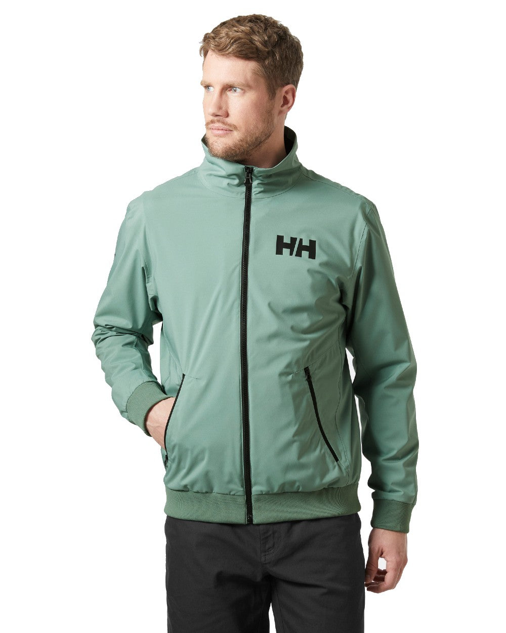 Cactus coloured Helly Hansen Mens HP Racing Bomber Sailing Jacket 2.0 on white background 