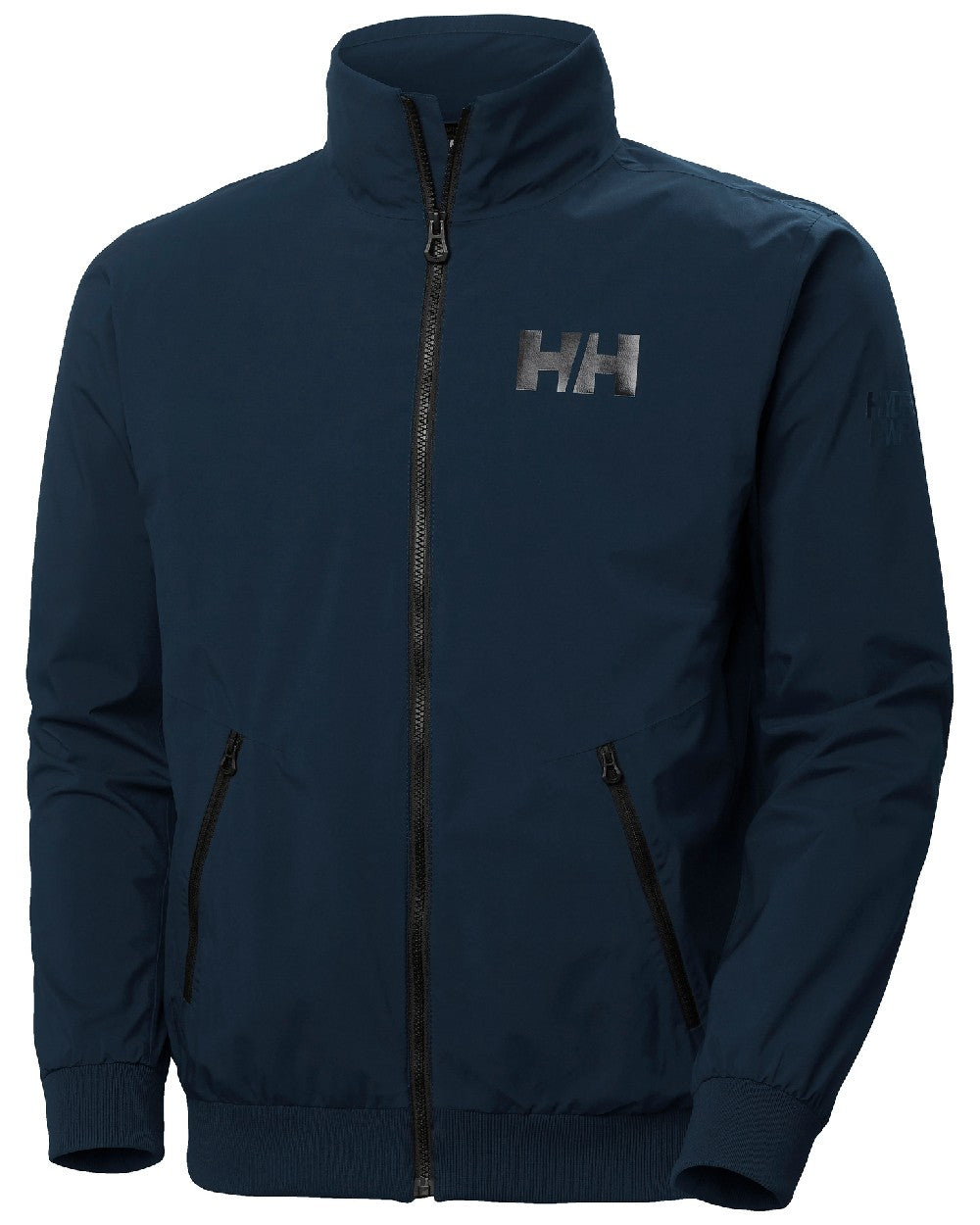 Navy coloured Helly Hansen Mens HP Racing Bomber Sailing Jacket 2.0 on white background 