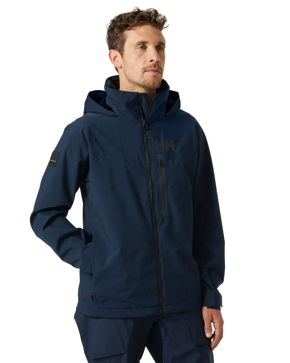 Navy coloured Helly Hansen Mens HP Racing Hooded Sailing Jacket on white background 