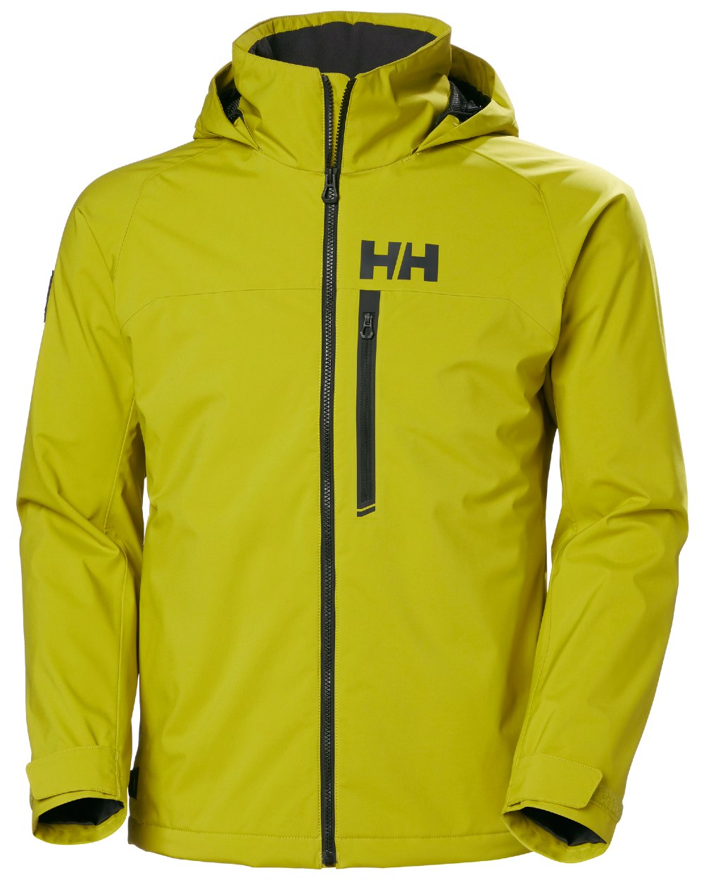 Bright Moss coloured Helly Hansen Mens HP Racing Lifaloft Hooded Jacket on white background 