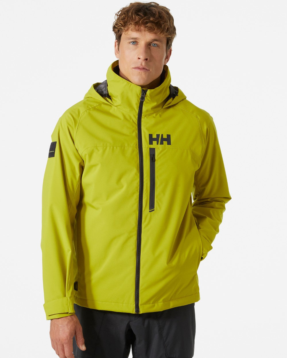 Bright Moss coloured Helly Hansen Mens HP Racing Lifaloft Hooded Jacket on grey background 