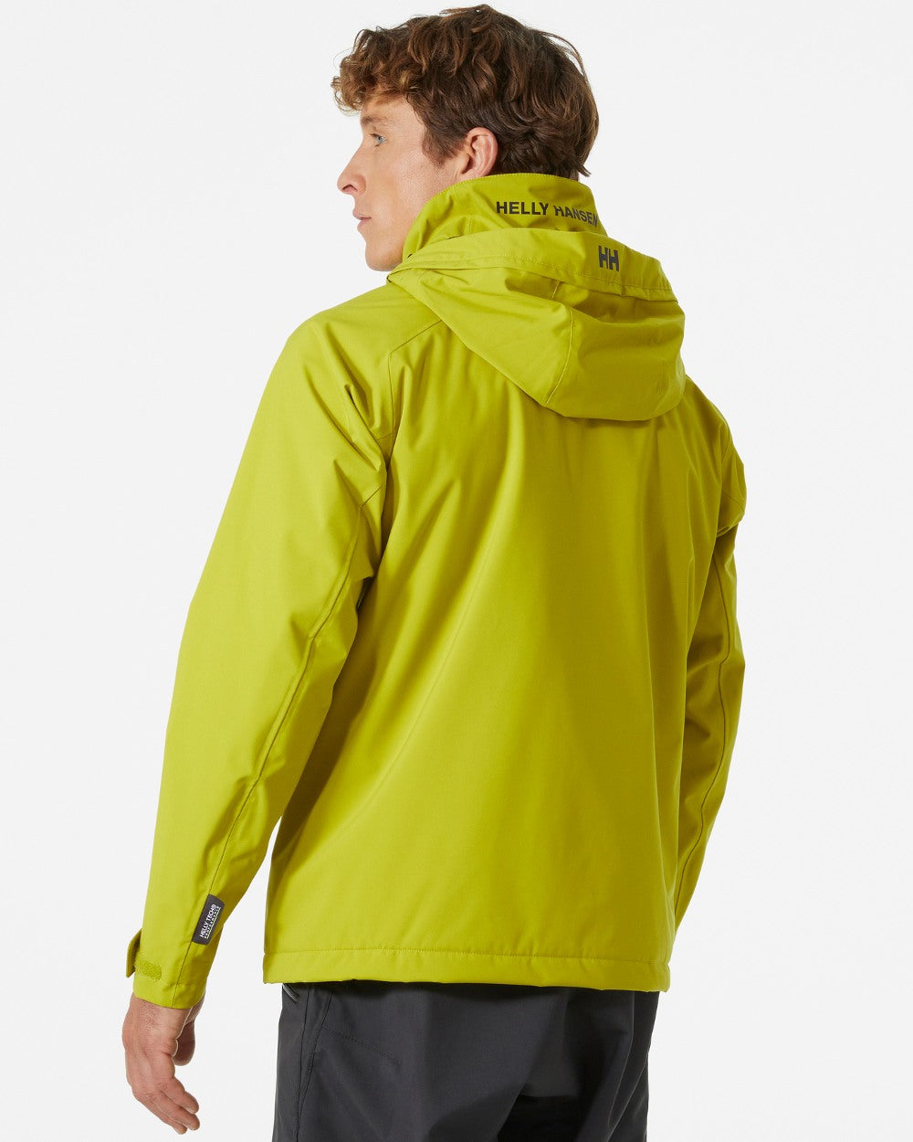 Bright Moss coloured Helly Hansen Mens HP Racing Lifaloft Hooded Jacket on grey background 