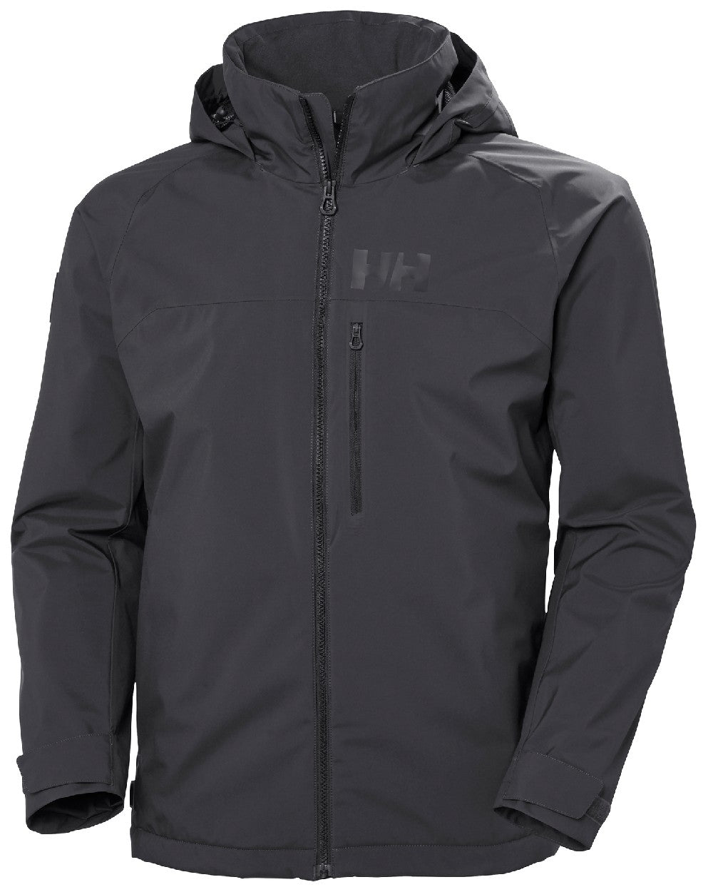 Ebony coloured Helly Hansen Mens HP Racing Lifaloft Hooded Jacket on white background 