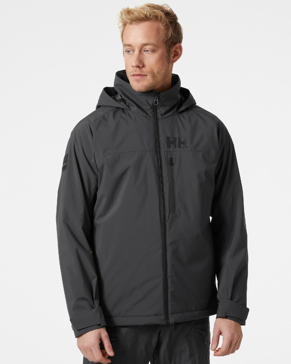 Ebony coloured Helly Hansen Mens HP Racing Lifaloft Hooded Jacket on grey background 