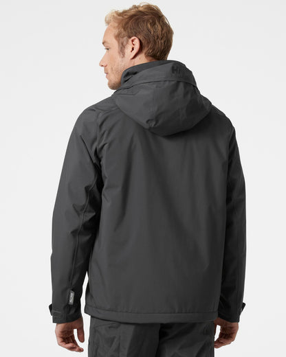 Ebony coloured Helly Hansen Mens HP Racing Lifaloft Hooded Jacket on grey background 