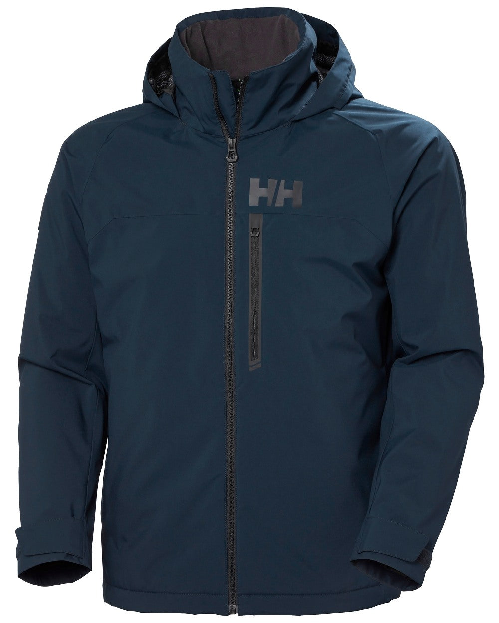 Navy coloured Helly Hansen Mens HP Racing Lifaloft Hooded Jacket on white background 