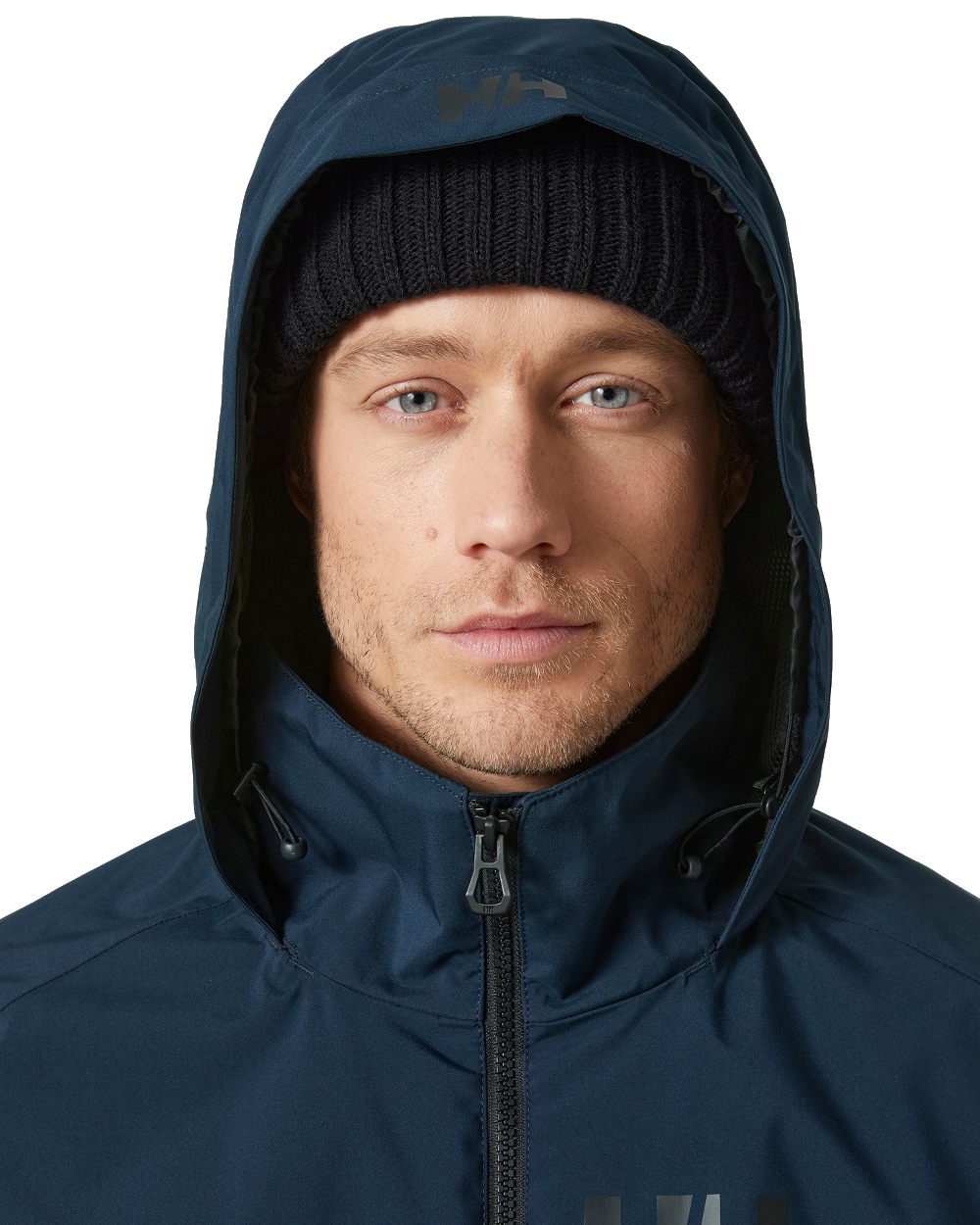 Navy coloured Helly Hansen Mens HP Racing Lifaloft Hooded Jacket on white background 