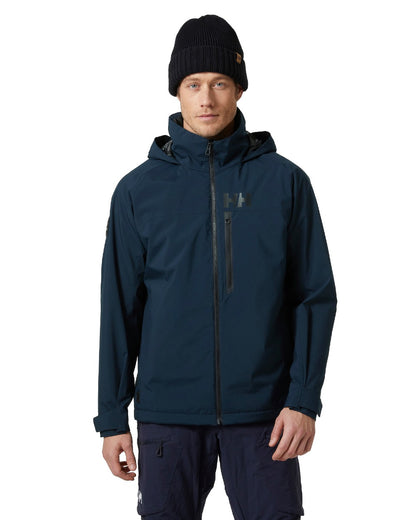 Navy coloured Helly Hansen Mens HP Racing Lifaloft Hooded Jacket on white background 