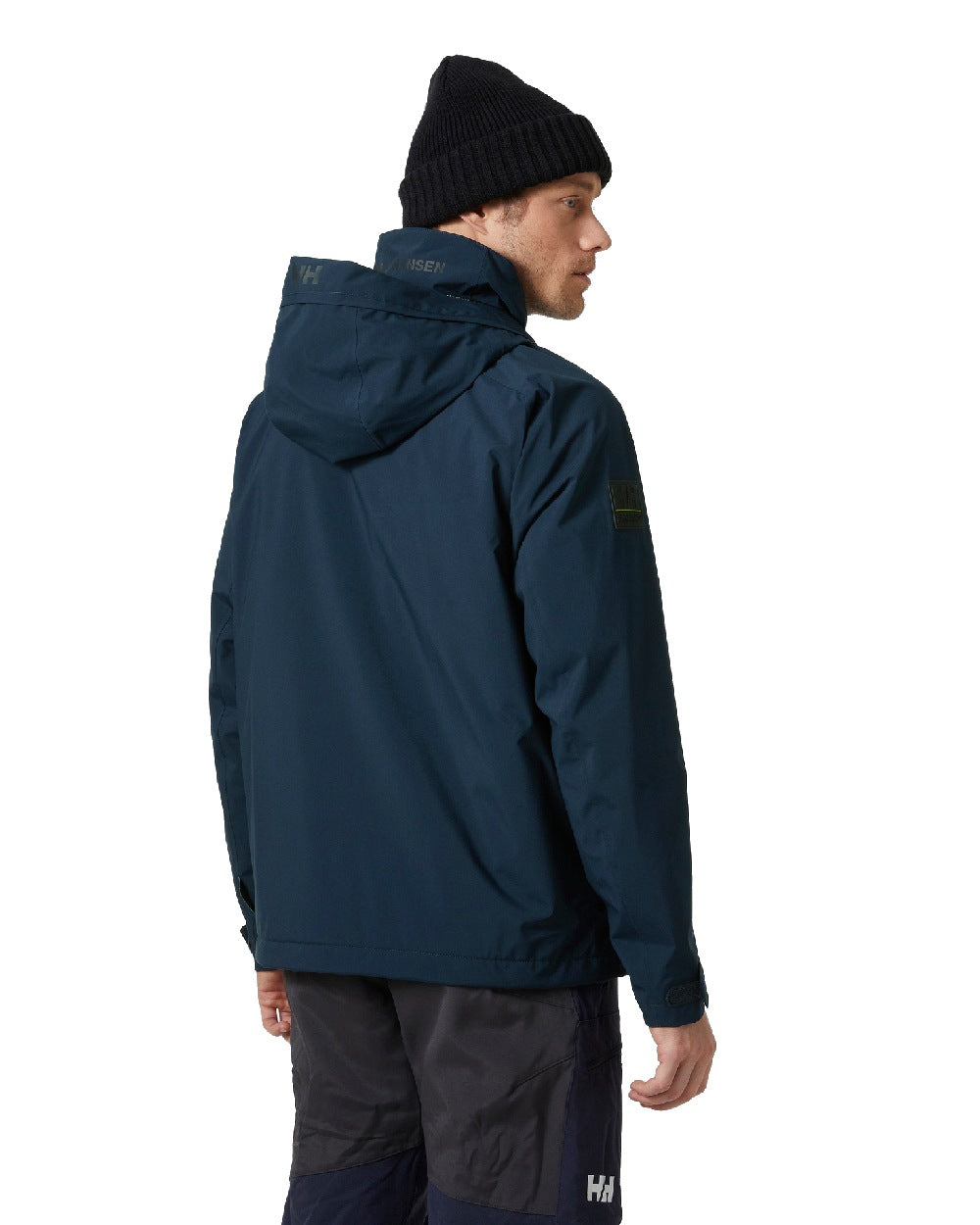 Navy coloured Helly Hansen Mens HP Racing Lifaloft Hooded Jacket on white background 