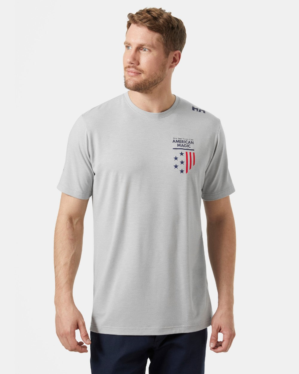 Grey Melange coloured Helly Hansen Mens HP Racing Quick Dry T-Shirt on grey background 