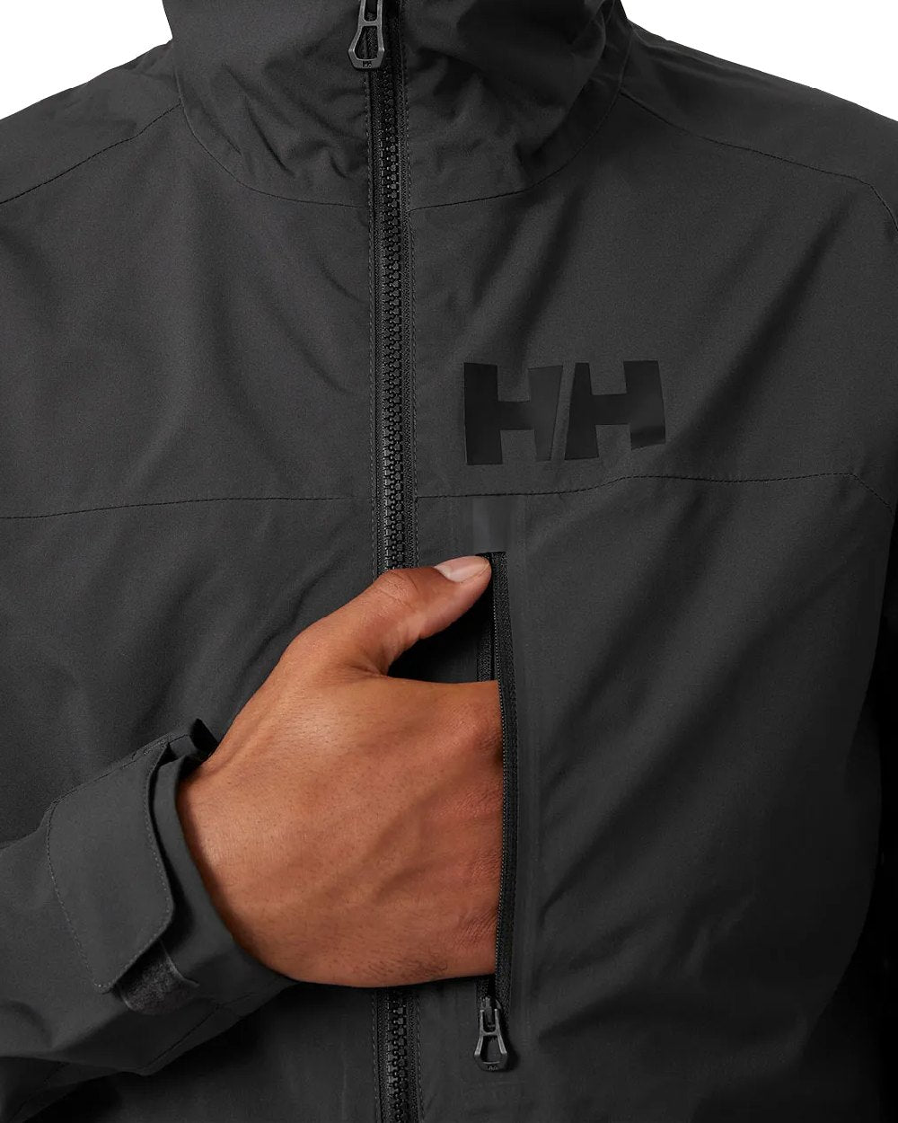 Ebony coloured Helly Hansen Mens HP Racing Sailing Jacket on white background 