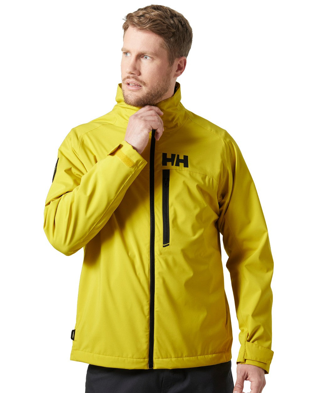 Gold Rush coloured Helly Hansen Mens HP Racing Sailing Jacket on white background 