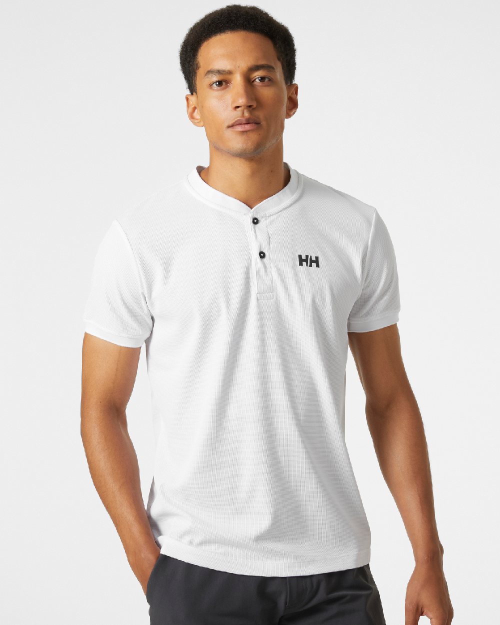 White Coloured Helly Hansen Mens HP Sun Protective Tops on grey background 