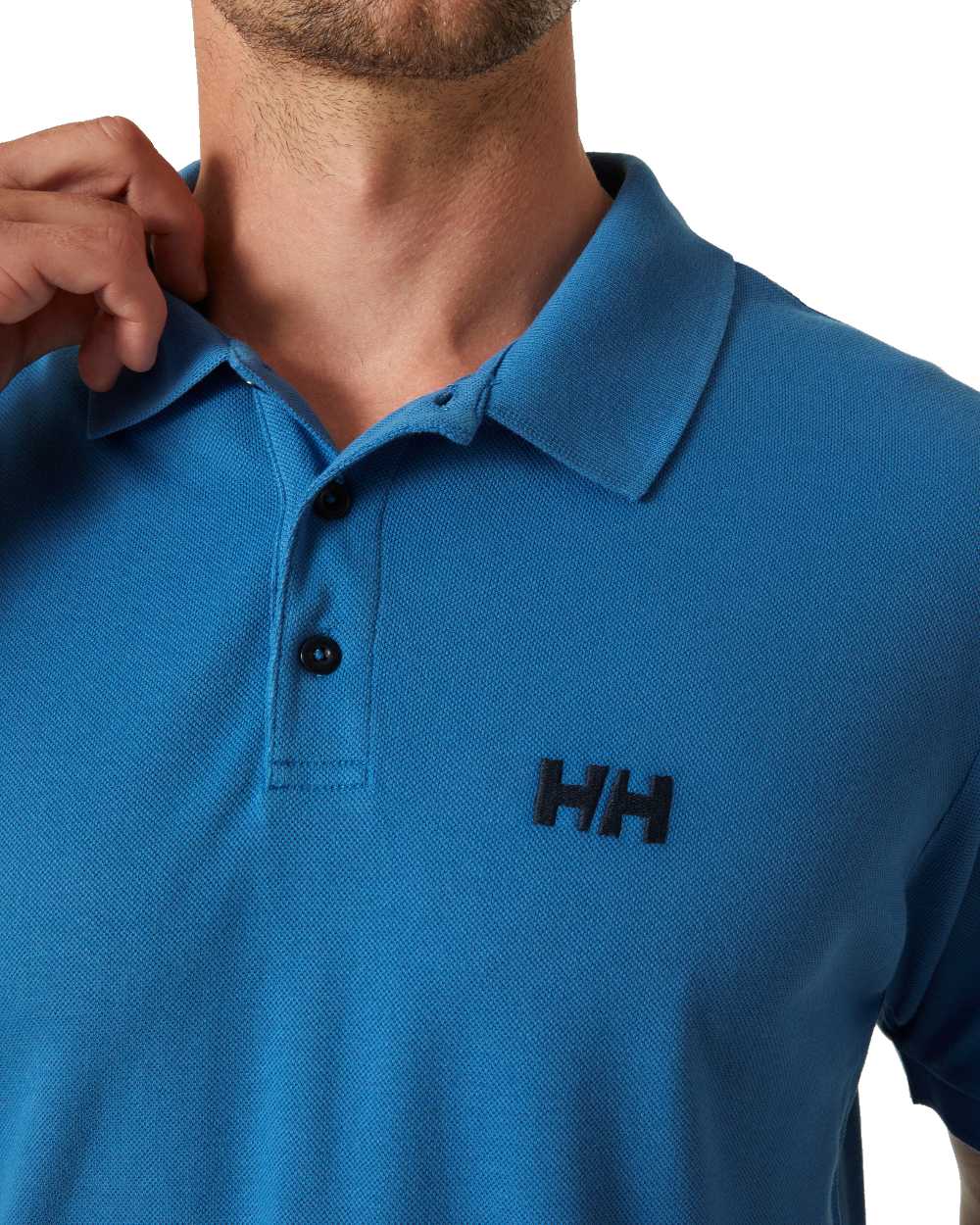 Azurite coloured Helly Hansen Mens Malcesine Polo T-Shirt on white background 