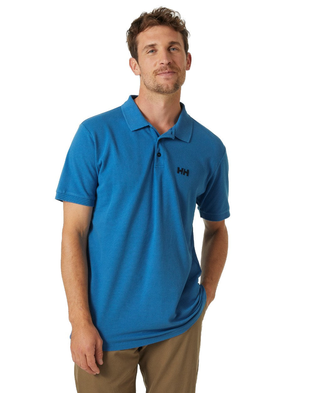 Azurite coloured Helly Hansen Mens Malcesine Polo T-Shirt on white background 