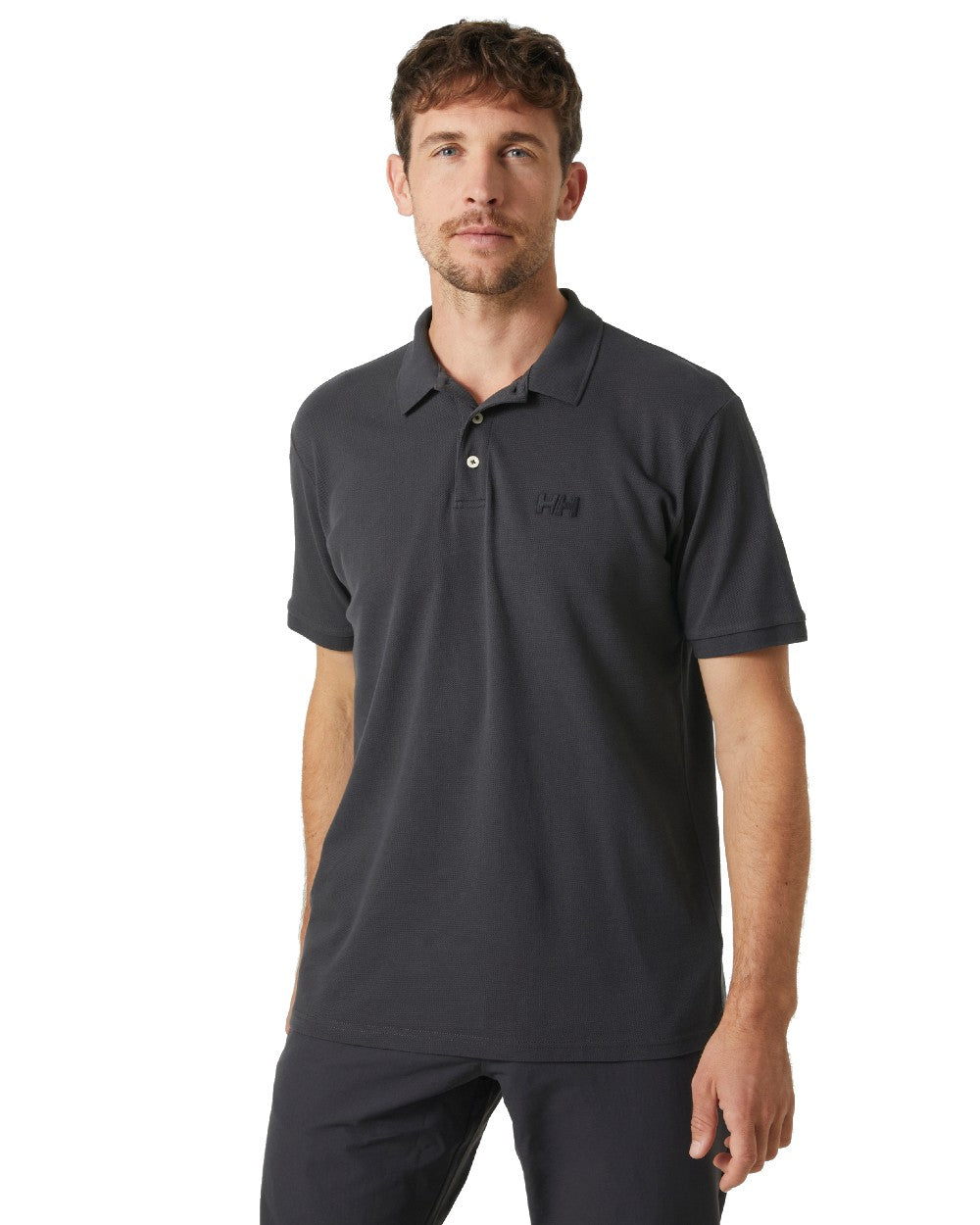 Ebony coloured Helly Hansen Mens Malcesine Polo T-Shirt on white background 