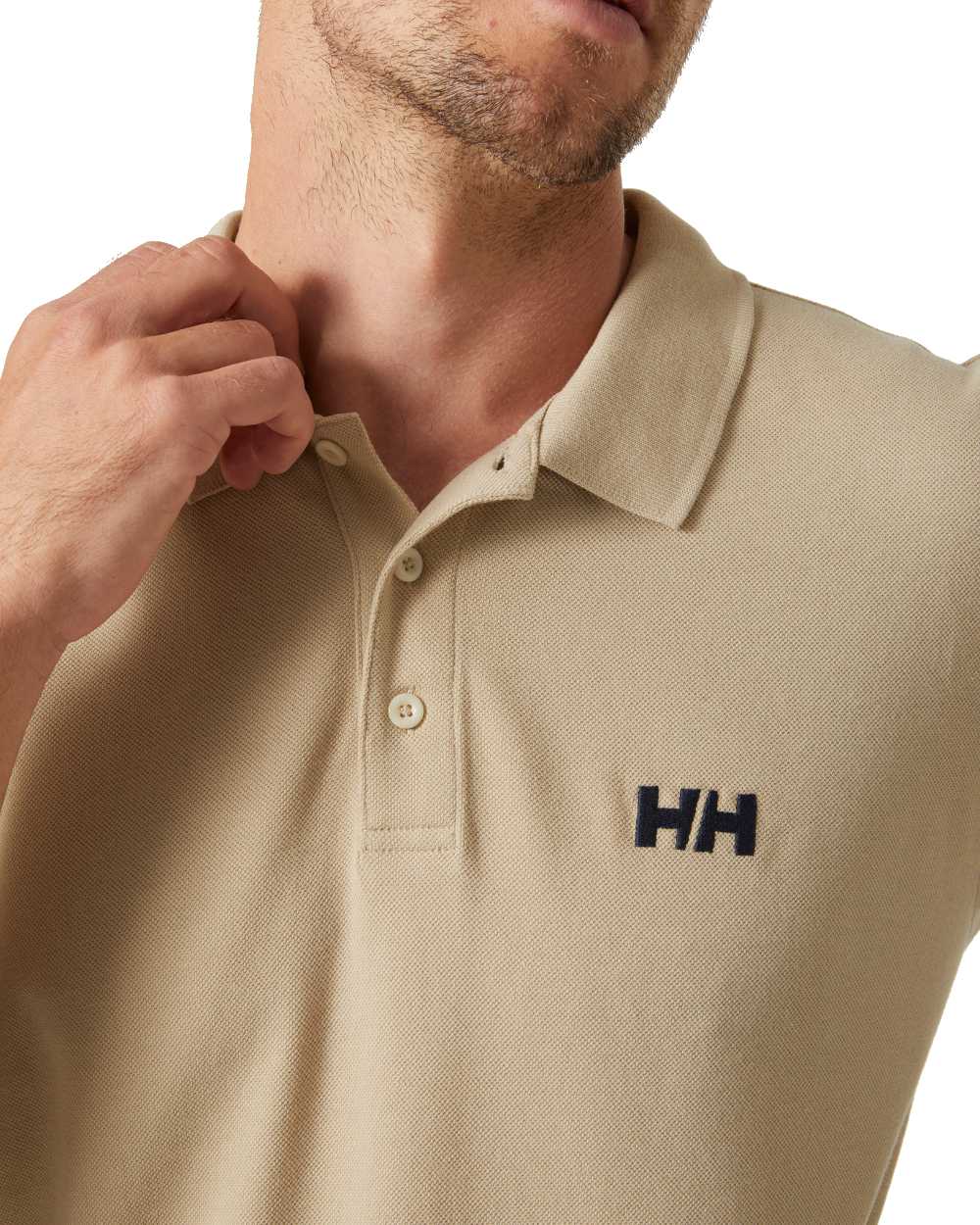 HH Khaki coloured Helly Hansen Mens Malcesine Polo T-Shirt on white background 