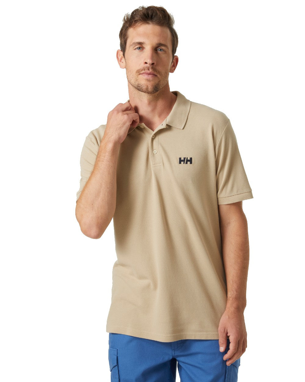 HH Khaki coloured Helly Hansen Mens Malcesine Polo T-Shirt on white background 