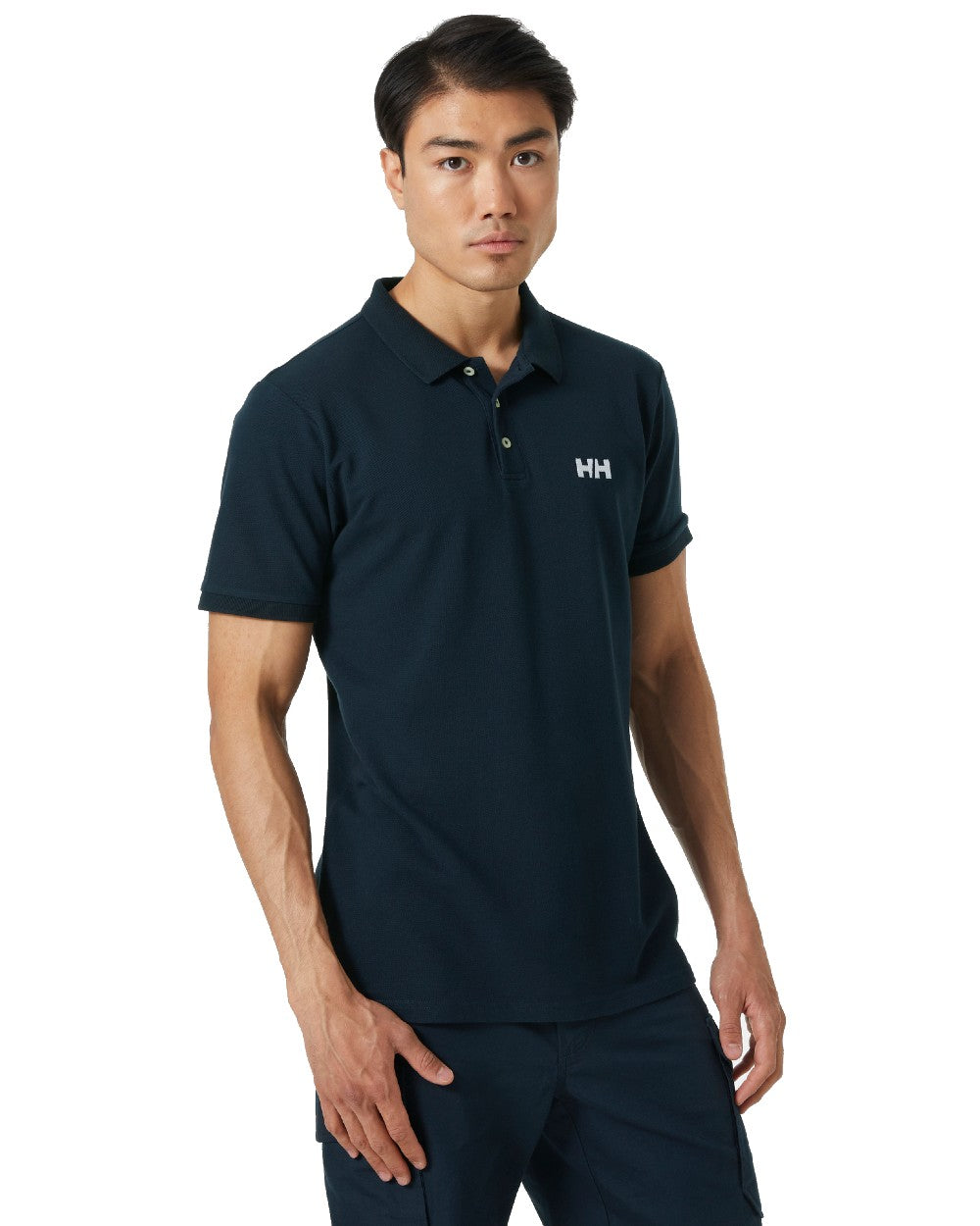 Navy coloured Helly Hansen Mens Malcesine Polo T-Shirt on white background 