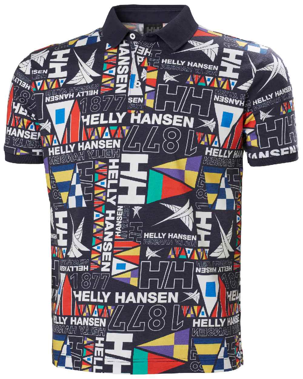 Navy Burgee Aop coloured Helly Hansen Mens Newport Polo Shirts on white background 