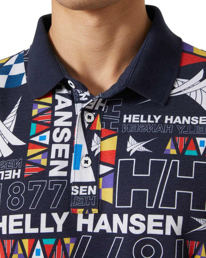 Navy Burgee Aop coloured Helly Hansen Mens Newport Polo Shirts on white background 