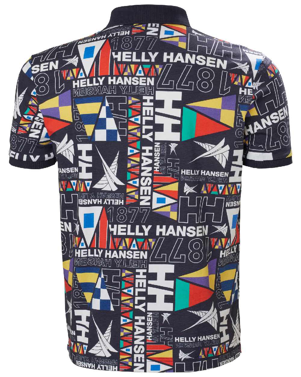 Navy Burgee Aop coloured Helly Hansen Mens Newport Polo Shirts on white background 
