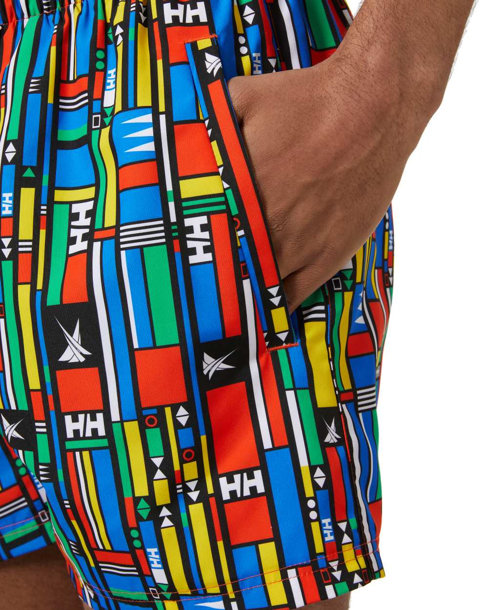 Black Navigation Aop Coloured Helly Hansen Mens Newport Swim Trunks On A White Background 